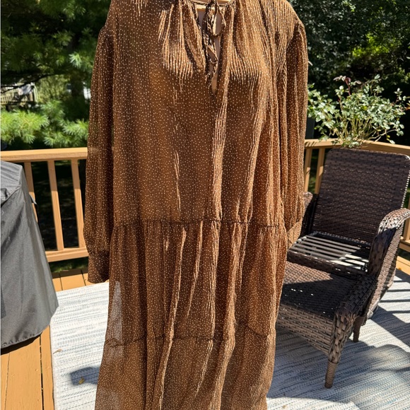 Vince Dot Shirred Semi Sheer Long Sleeve Elegant Brown Midi Dress, size 3X, NWTS - Picture 4 of 15